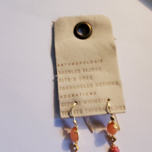 Anthropologie gold over Brass Linear pink/rose Stone drop earrings 3" In Length - Picture 6 of 7
